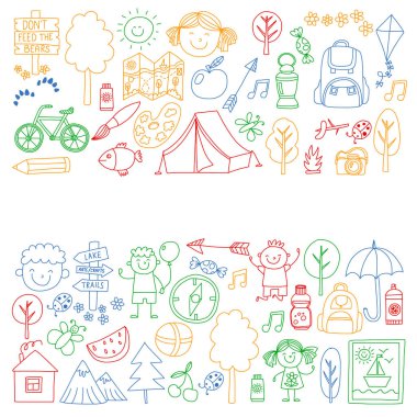 Vektör kamp, yürüyüş simgeleri küçük çocuklar için ayarlayın. Okulu ve anaokulu çocukları tatil.