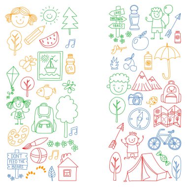 Vektör kamp, yürüyüş simgeleri küçük çocuklar için ayarlayın. Okulu ve anaokulu çocukları tatil.