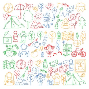Vektör kamp, yürüyüş simgeleri küçük çocuklar için ayarlayın. Okulu ve anaokulu çocukları tatil.