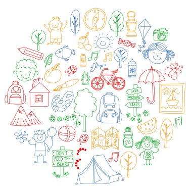 Vektör kamp, yürüyüş simgeleri küçük çocuklar için ayarlayın. Okulu ve anaokulu çocukları tatil.