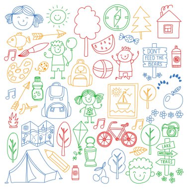 Vektör kamp, yürüyüş simgeleri küçük çocuklar için ayarlayın. Okulu ve anaokulu çocukları tatil.