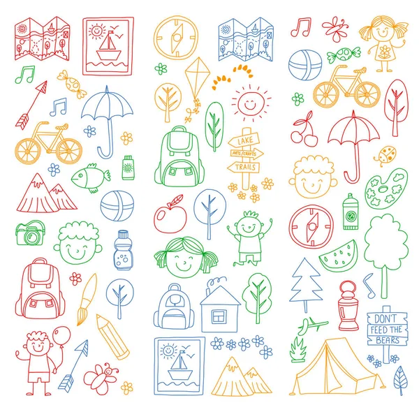 Conjunto vectorial de camping, iconos de senderismo para niños pequeños. Escuela y jardín de infantes vacaciones para niños . — Vector de stock