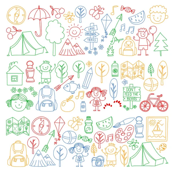 Vektör kamp, yürüyüş simgeleri küçük çocuklar için ayarlayın. Okulu ve anaokulu çocukları tatil.