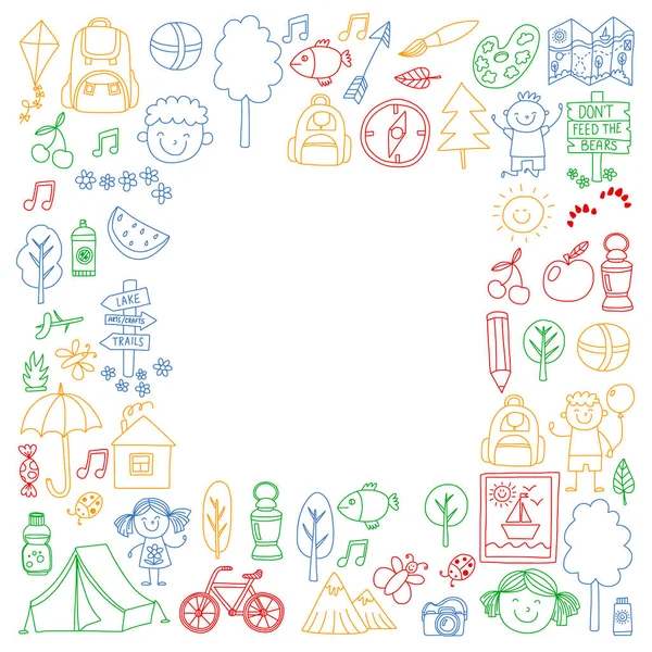Vektör kamp, yürüyüş simgeleri küçük çocuklar için ayarlayın. Okulu ve anaokulu çocukları tatil.