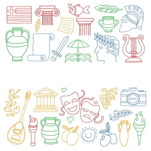 Viaggio in Grecia. Set vettoriale con icone in stile doodle — Vettoriale Stock