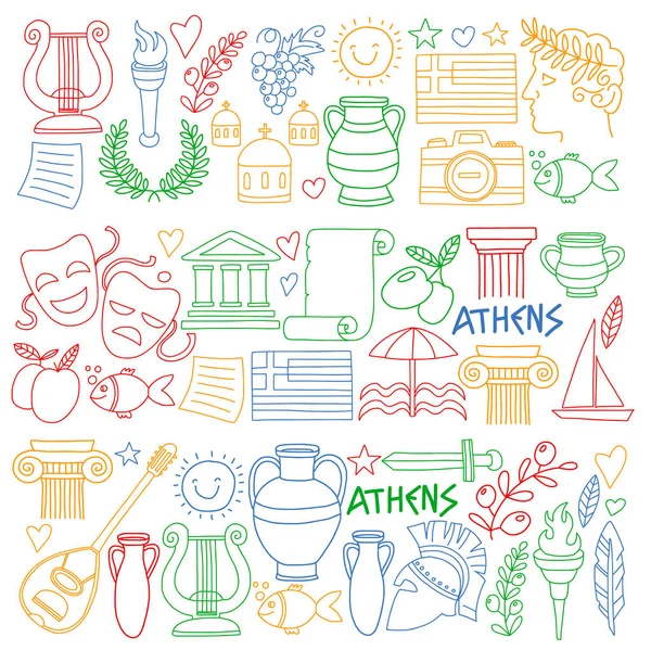 Travel to Greece. Vector set with doodle style icons — Stock Vector