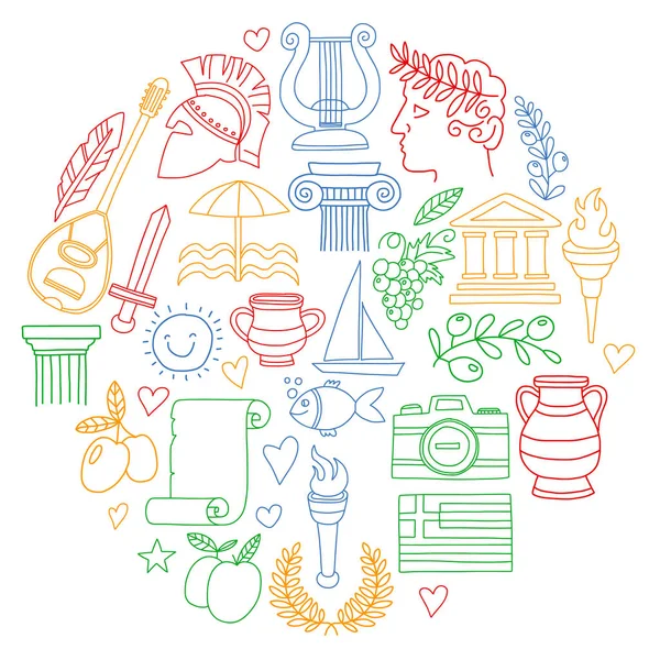 Viajar a Grecia. Conjunto de vectores con iconos de estilo doodle — Vector de stock