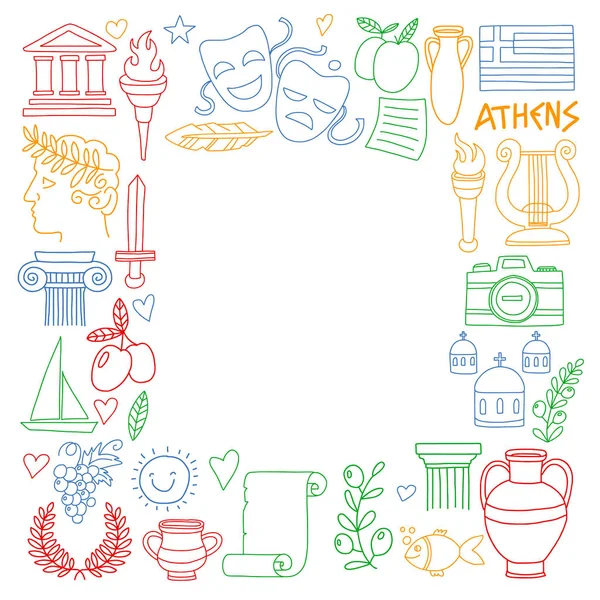 Cestování do Řecka. Vektor s doodle styl ikon — Stockový vektor