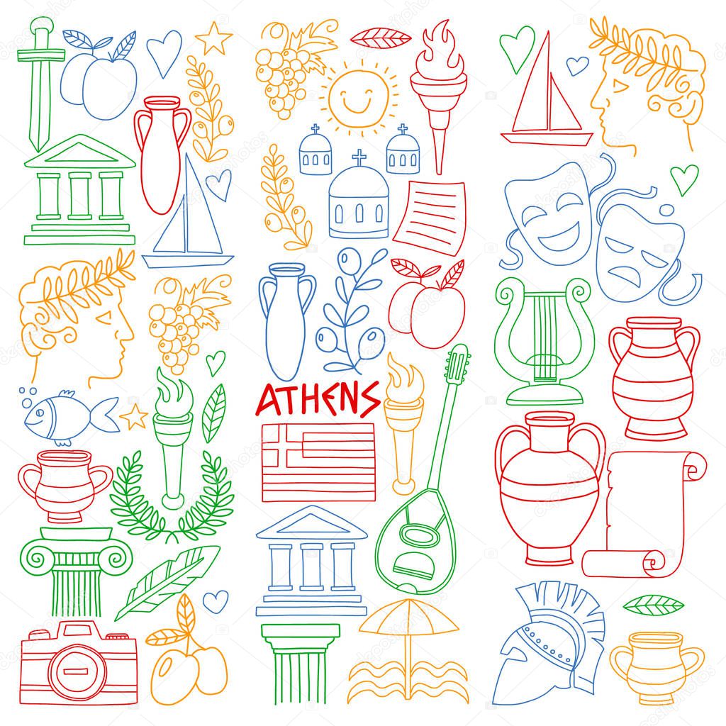 Travel to Greece. Vector set with doodle style icons