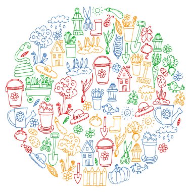 Bahçe, tarım, Bahçe aletleri, ekipman, hasat. Bahçe öğeleri simgelerin.