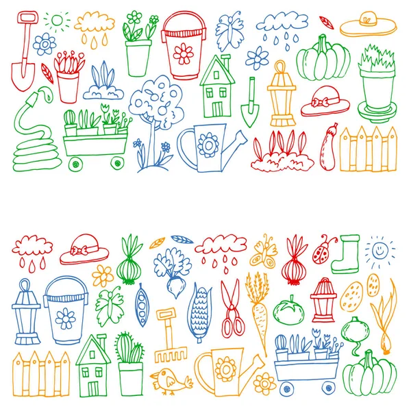 Garden, agriculture, garden tools, equipment, harvest. Icons of gardening items. — Stock Vector