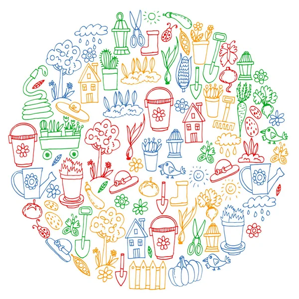 Bahçe, tarım, Bahçe aletleri, ekipman, hasat. Bahçe öğeleri simgelerin.