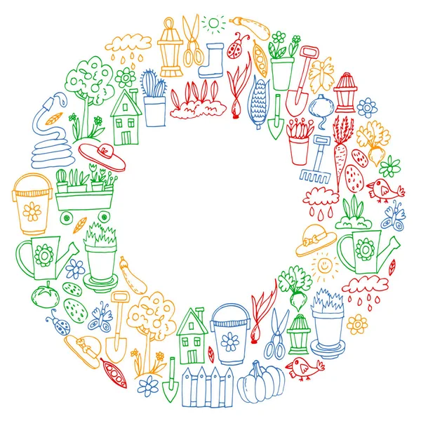 Bahçe, tarım, Bahçe aletleri, ekipman, hasat. Bahçe öğeleri simgelerin.