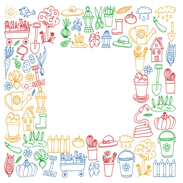 Bahçe, tarım, Bahçe aletleri, ekipman, hasat. Bahçe öğeleri simgelerin.