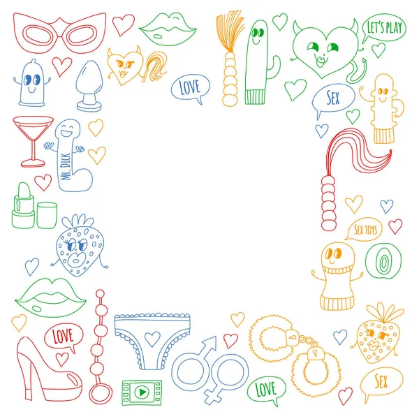 Roliga ikoner för sexbutik. Söta seriefigurer. Dildo, jordgubb, kondom, hjärtat. Kärlek och lek — Stock vektor