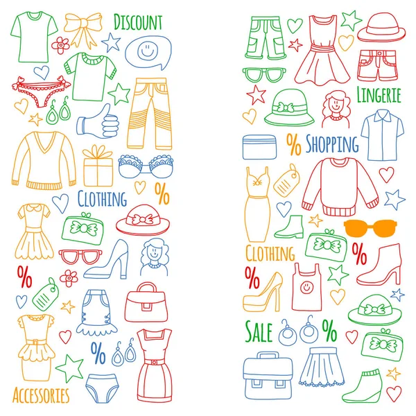 Zakupy, rynek, sklep. Odzież i moda ikony — Wektor stockowy