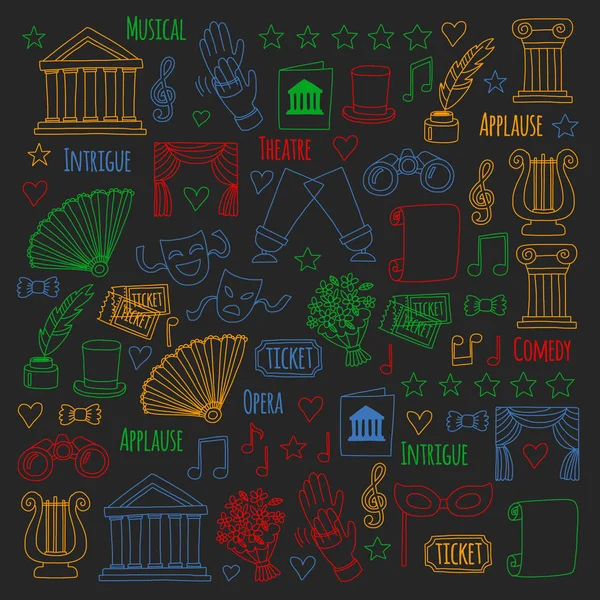 Set de vectores con iconos de teatro. Entretenimiento, espectáculo, perfomance musical — Vector de stock