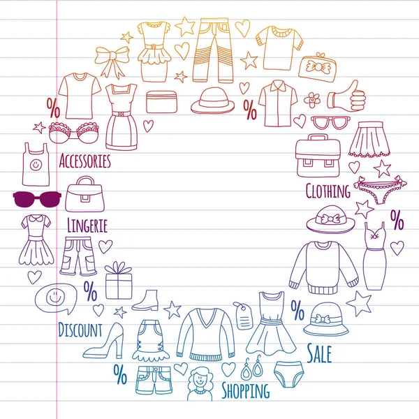 Zakupy, rynek, sklep. Odzież i moda ikony — Wektor stockowy