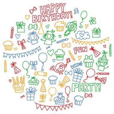 Vektör desen Doğum günü partisi için küçük anaokulu, okul çocukları için. Doodle stili çizim çocuklar