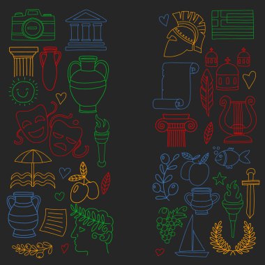 Yunanistan'a seyahat. Vektör Doodle stil ikonları ile ayarla