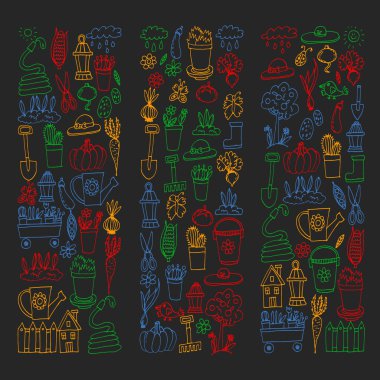 Bahçe, tarım, Bahçe aletleri, ekipman, hasat. Bahçe öğeleri simgelerin.