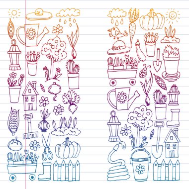 Bahçe, tarım, Bahçe aletleri, ekipman, hasat. Bahçe öğeleri simgelerin.