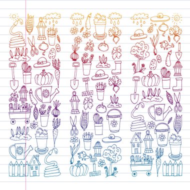 Bahçe, tarım, Bahçe aletleri, ekipman, hasat. Bahçe öğeleri simgelerin.