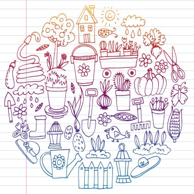 Bahçe, tarım, Bahçe aletleri, ekipman, hasat. Bahçe öğeleri simgelerin.