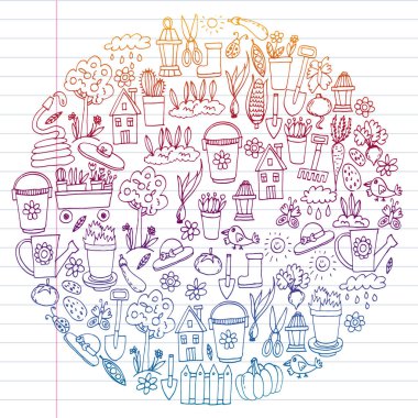 Bahçe, tarım, Bahçe aletleri, ekipman, hasat. Bahçe öğeleri simgelerin.