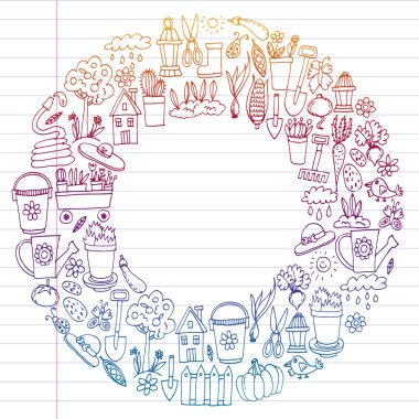 Bahçe, tarım, Bahçe aletleri, ekipman, hasat. Bahçe öğeleri simgelerin.