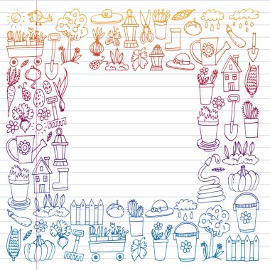 Bahçe, tarım, Bahçe aletleri, ekipman, hasat. Bahçe öğeleri simgelerin.