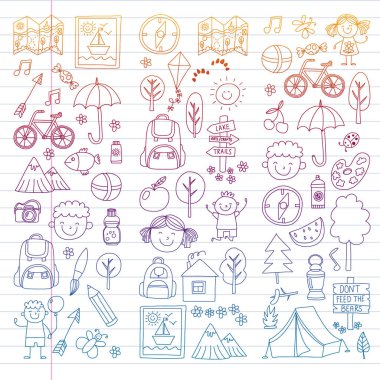 Vektör kamp, yürüyüş simgeleri küçük çocuklar için ayarlayın. Okulu ve anaokulu çocukları tatil.