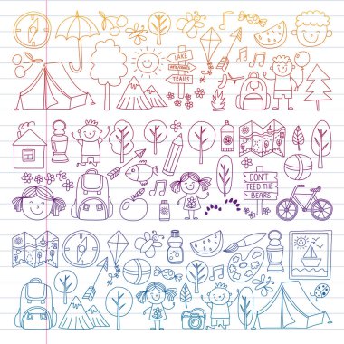 Vektör kamp, yürüyüş simgeleri küçük çocuklar için ayarlayın. Okulu ve anaokulu çocukları tatil.