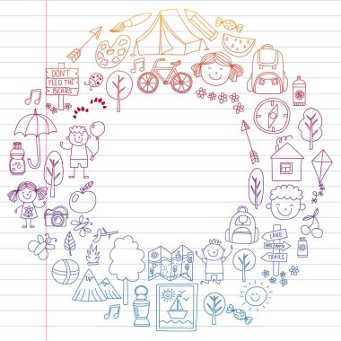 Vektör kamp, yürüyüş simgeleri küçük çocuklar için ayarlayın. Okulu ve anaokulu çocukları tatil.