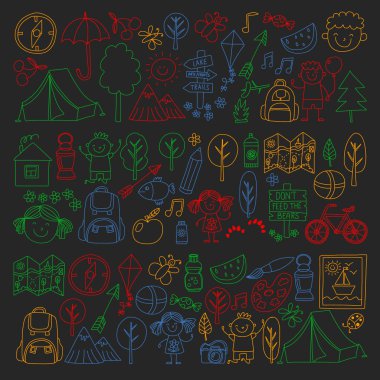 Vektör kamp, yürüyüş simgeleri küçük çocuklar için ayarlayın. Okulu ve anaokulu çocukları tatil.