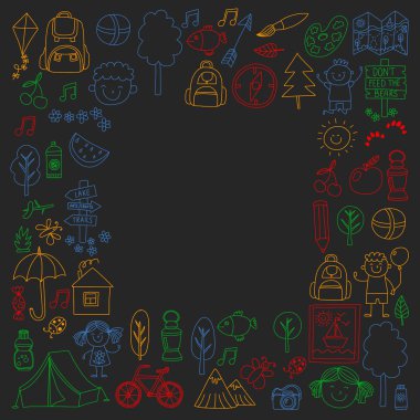 Vektör kamp, yürüyüş simgeleri küçük çocuklar için ayarlayın. Okulu ve anaokulu çocukları tatil.