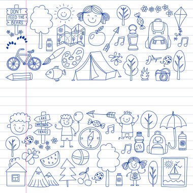 Vektör kamp, yürüyüş simgeleri küçük çocuklar için ayarlayın. Okulu ve anaokulu çocukları tatil.