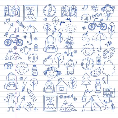 Vektör kamp, yürüyüş simgeleri küçük çocuklar için ayarlayın. Okulu ve anaokulu çocukları tatil.