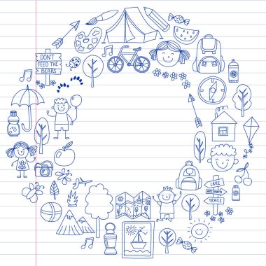 Vektör kamp, yürüyüş simgeleri küçük çocuklar için ayarlayın. Okulu ve anaokulu çocukları tatil.