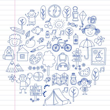 Vektör kamp, yürüyüş simgeleri küçük çocuklar için ayarlayın. Okulu ve anaokulu çocukları tatil.