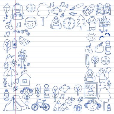 Vektör kamp, yürüyüş simgeleri küçük çocuklar için ayarlayın. Okulu ve anaokulu çocukları tatil.