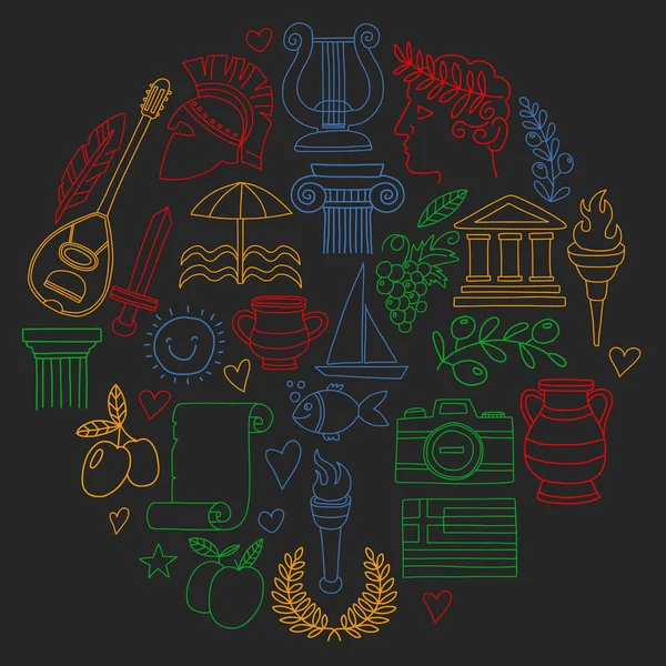Viaje para Grécia. Conjunto de vetores com ícones de estilo doodle —  Vetores de Stock
