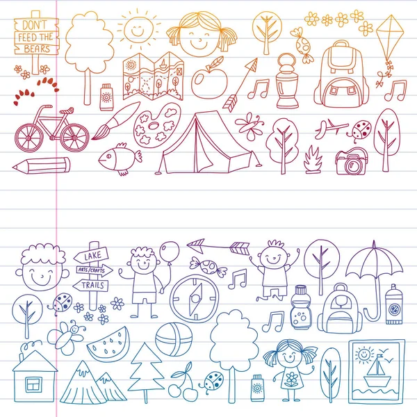 Vektör kamp, yürüyüş simgeleri küçük çocuklar için ayarlayın. Okulu ve anaokulu çocukları tatil.