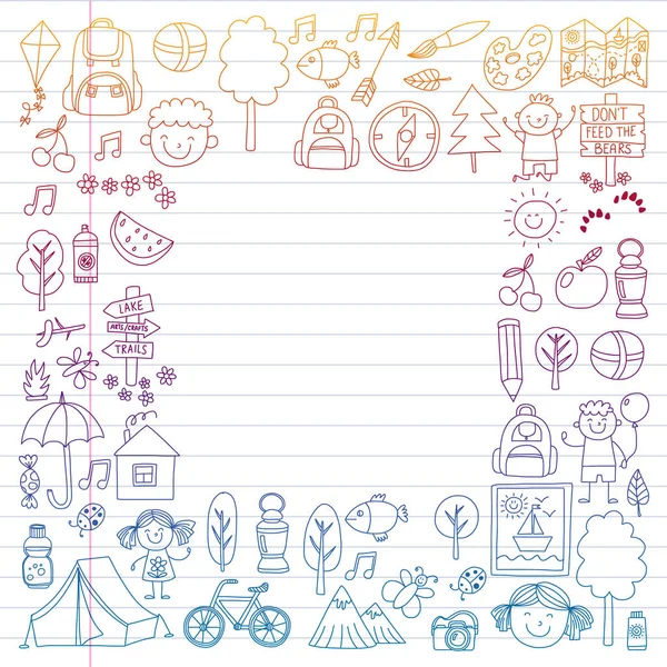 Vektör kamp, yürüyüş simgeleri küçük çocuklar için ayarlayın. Okulu ve anaokulu çocukları tatil.