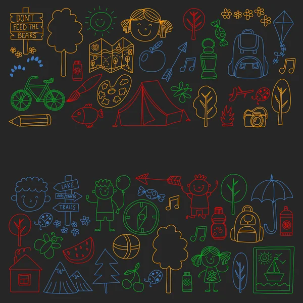 Vektör kamp, yürüyüş simgeleri küçük çocuklar için ayarlayın. Okulu ve anaokulu çocukları tatil.
