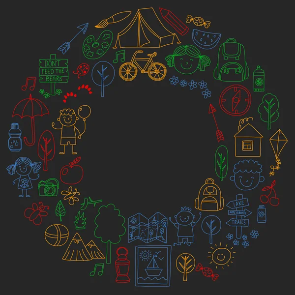 Vektör kamp, yürüyüş simgeleri küçük çocuklar için ayarlayın. Okulu ve anaokulu çocukları tatil.