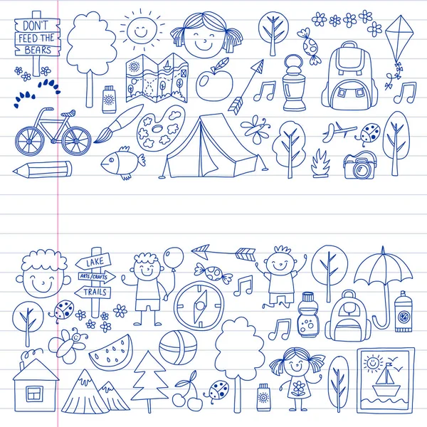 Vektör kamp, yürüyüş simgeleri küçük çocuklar için ayarlayın. Okulu ve anaokulu çocukları tatil.