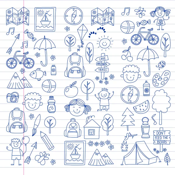 Vektör kamp, yürüyüş simgeleri küçük çocuklar için ayarlayın. Okulu ve anaokulu çocukları tatil.