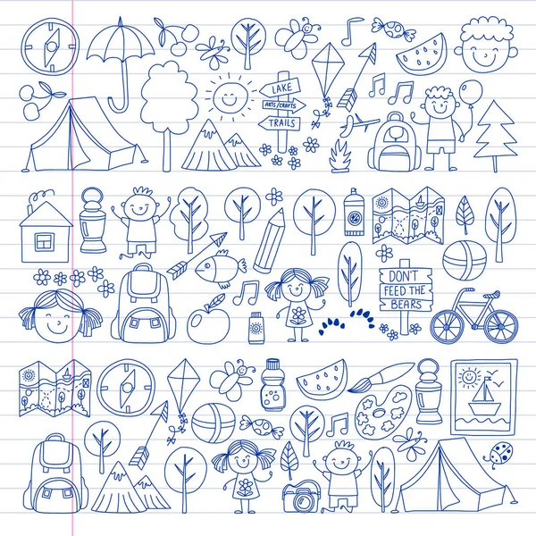 Vektör kamp, yürüyüş simgeleri küçük çocuklar için ayarlayın. Okulu ve anaokulu çocukları tatil.