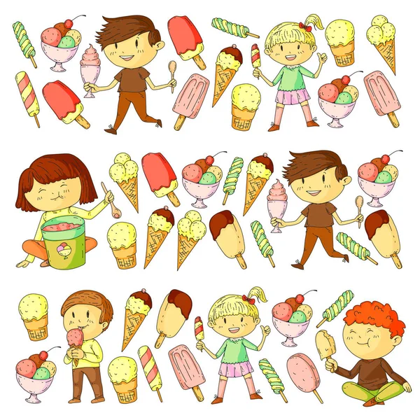 Small children eating ice cream. Sweet strawberry candy for kids. Tasty vanilla, orange, kiwi dessert. — Stock Vector